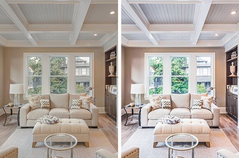 Side by side comparison of a living room that is brightened with added contrast.