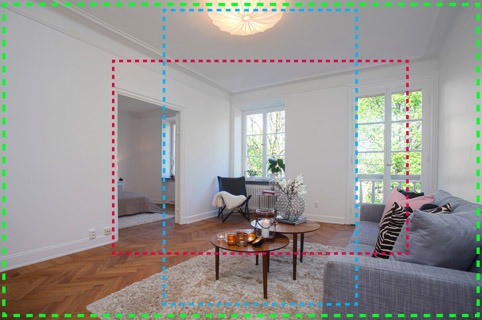 Illustration of a living room with dotted colored lines indicating red for a small horizontal view, blue for a small vertical view, and green showing the entire horizontal image. 
