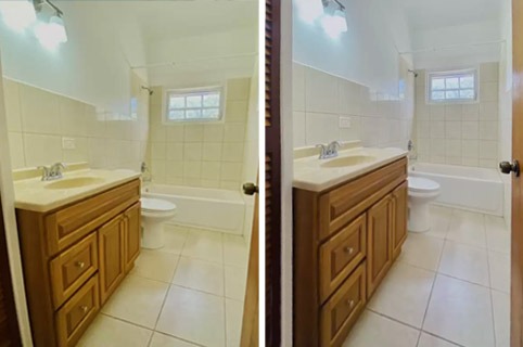 Side by side comparison of a misaligned bathroom on the left and a corrected version on the right.