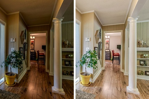 Side by side comparison of a hallway with and without white balance.